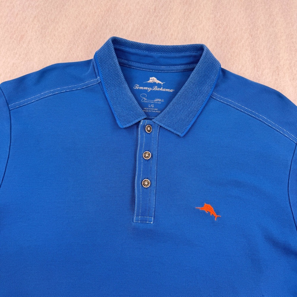 Tommy Bahama Mens L Supima Cotton Blend Short Sleeve Polo Blue Coastal Summer